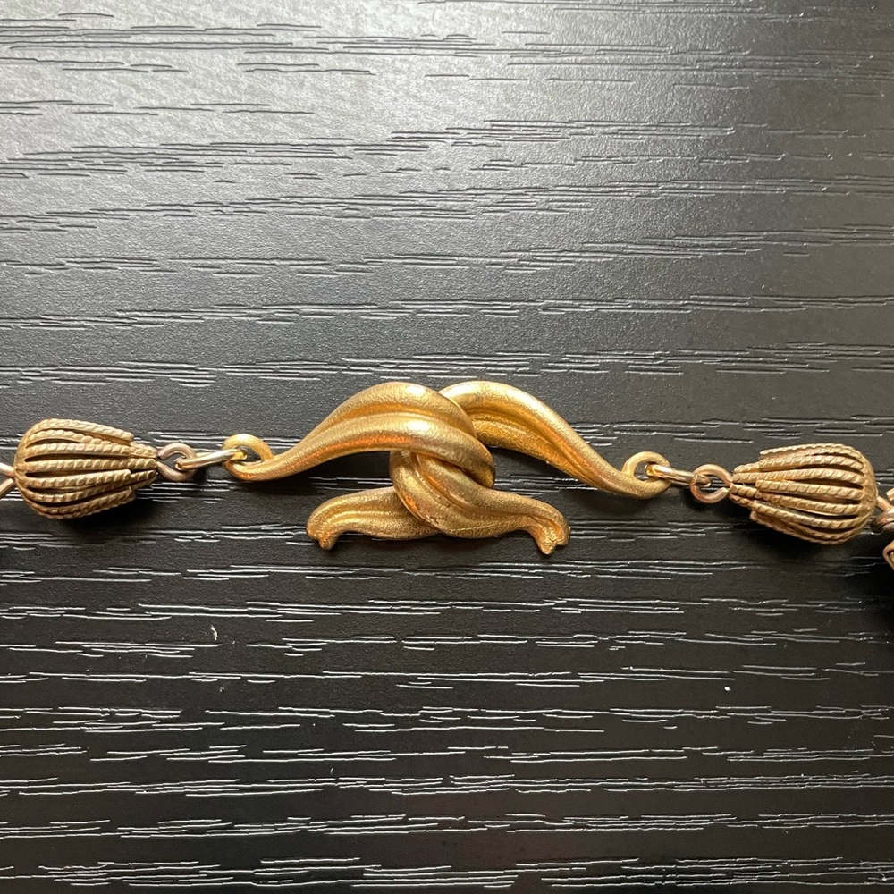 Vintage Designer Patrice Brass Egyptian mesh cat eye necklace earring set - Picture 2 of 9